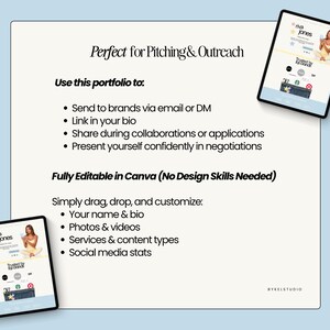 May include: A digital portfolio template with the text "Perfect for Pitching & Outreach" and "Fully Editable in Canva". The template includes sections for name, bio, photos, videos, services, content types, and social media stats. Two tablets display the portfolio.