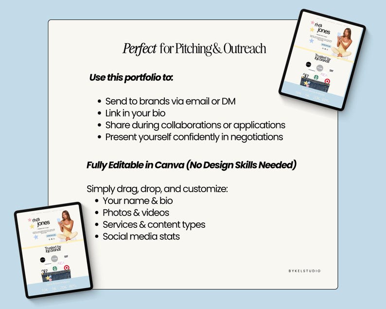May include: A digital portfolio template with the text "Perfect for Pitching & Outreach" and "Fully Editable in Canva". The template includes sections for name, bio, photos, videos, services, content types, and social media stats. Two tablets display the portfolio.