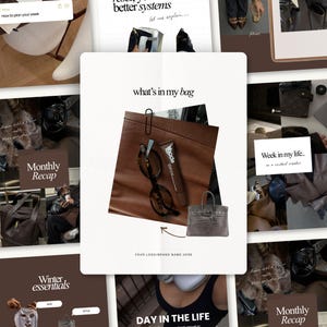 Puede incluir: Un collage digital con un panel central blanco con el texto what's in my bag, que muestra una superficie de cuero marrón, gafas de carey, un tubo de Rhode y un bolso gris con textura de cocodrilo y un clip de papel.