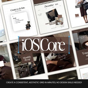 Puede incluir: Un collage de plantillas de planificación digital con una paleta de colores neutros. Las plantillas incluyen listas de tareas, resúmenes mensuales y un calendario. El texto "iOS Core" se muestra de forma destacada, con el lema "¡Crea una cuadrícula estética y consistente en minutos, sin necesidad de habilidades de diseño!"