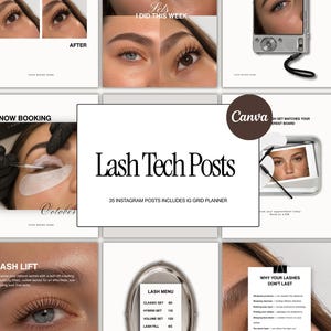 May include: A digital collection of 35 Instagram post templates for lash technicians, featuring before and after eye photos, lash menus, educational content, and booking information, all designed with a clean, professional aesthetic for social media.