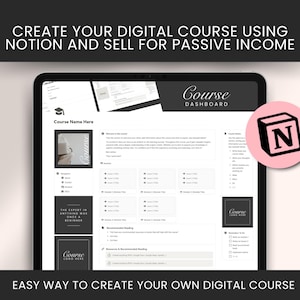 以下が含まれることがあります： 「Notion を使用してデジタルコースを作成し、受動収入を得る」というテキストが上部に表示された Notion ページのスクリーンショットです。ページのタイトルは「コースダッシュボード」で、コース名、モジュール、推奨読書、リソースのセクションが含まれています。ページには、コースのロゴと Notion アプリの小さなアイコンも含まれています。