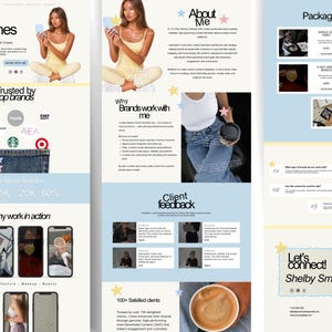 May include: A digital marketing website design with a light blue background. The website features the name "Riva Jones" and "Shelby Smith", along with the text "Trusted by top brands" and "Let's connect!"