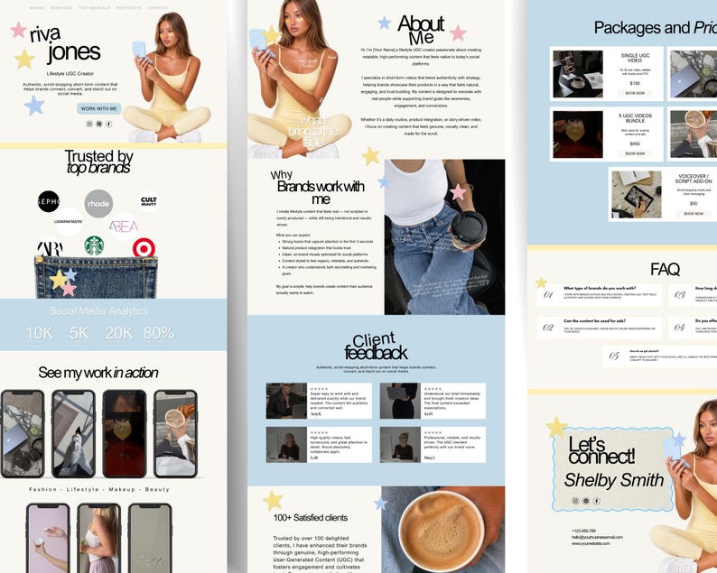 May include: A digital marketing website design with a light blue background. The website features the name "Riva Jones" and "Shelby Smith", along with the text "Trusted by top brands" and "Let's connect!"