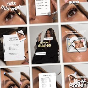 Peut inclure: Un collage de grille pour réseaux sociaux présentant des gros plans d'yeux avec extensions de cils, des listes de prix pour services de cils, un graphique de journal de fondatrice et du texte sur les disponibilités. Inclut des icônes d'étoiles.