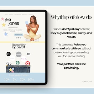 May include: A digital tablet displays a website portfolio with the name "riva jones" and the text "Lifestyle UGC Creator." The portfolio showcases brand logos and social media analytics. The text "Why this portfolio works" is also visible.