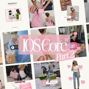 Puede incluir: Un collage de imágenes con una estética rosa y blanca. El texto "IOS Core Part 2" está superpuesto en las imágenes. Las imágenes incluyen una computadora portátil, un teléfono, una bebida de matcha, una bolsa rosa y personas.