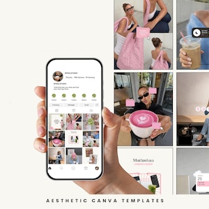 Puede incluir: Plantillas estéticas de Canva mostradas en la pantalla de un smartphone, mostrando varias imágenes de estilo de vida. Las imágenes incluyen un bolso tote rosa, un café con leche con espuma rosa y una persona con una bebida. El texto en la parte inferior dice "Aesthetic Canva Templates."