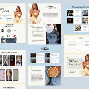 May include: A digital marketing and photography portfolio layout with a light blue background. The layout includes sections for "About Me", "Packages and Prices", "FAQ", and "Client Feedback". The portfolio showcases work and client testimonials.