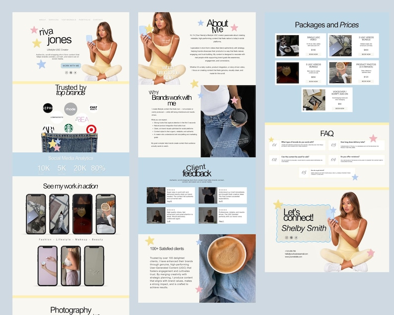 May include: A digital marketing and photography portfolio layout with a light blue background. The layout includes sections for "About Me", "Packages and Prices", "FAQ", and "Client Feedback". The portfolio showcases work and client testimonials.
