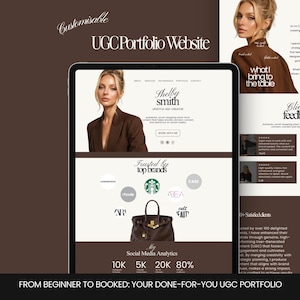 May include: A digital tablet displays a website showcasing a UGC portfolio, featuring a woman in a brown blazer. The site includes the text "Shelby Smith, Lifestyle UGC Creator," and mentions trusted brands. The bottom of the screen shows social media analytics.