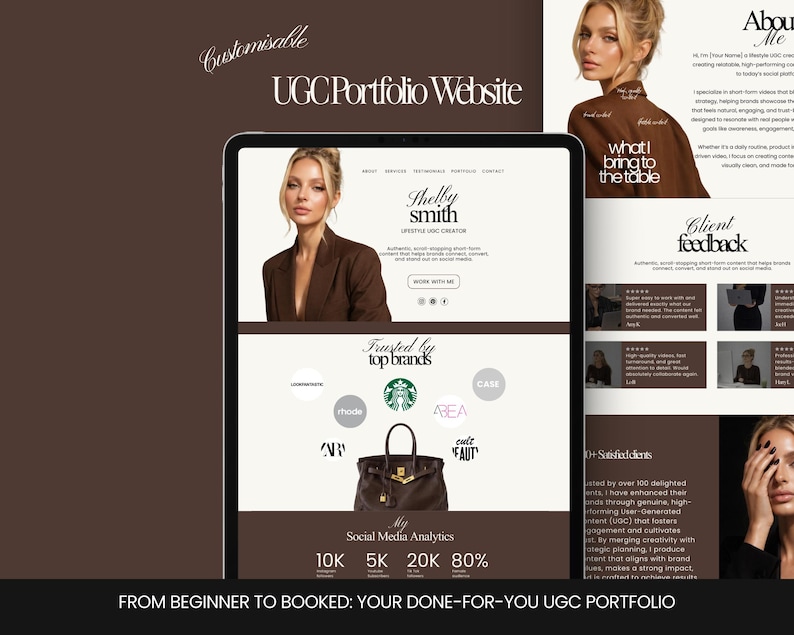 May include: A digital tablet displays a website showcasing a UGC portfolio, featuring a woman in a brown blazer. The site includes the text "Shelby Smith, Lifestyle UGC Creator," and mentions trusted brands. The bottom of the screen shows social media analytics.