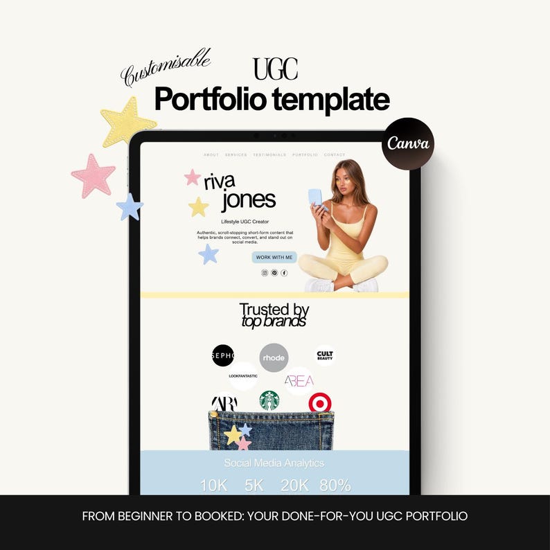May include: A digital UGC Portfolio template on a tablet, featuring the text "Customisable UGC Portfolio template". The template includes a section for "riva jones", a Lifestyle UGC Creator, and logos of trusted brands. The Canva logo is visible.