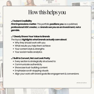 May include: A digital marketing portfolio page with the headline "How this helps you." The page lists benefits such as instant credibility, showcasing value to brands, and building content to convert. The page includes bullet points and a logo.