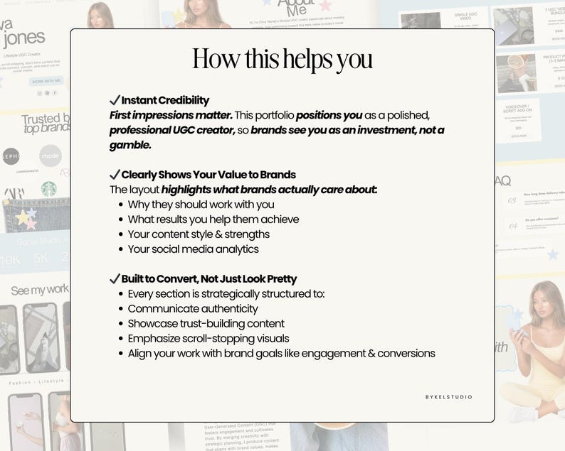 May include: A digital marketing portfolio page with the headline "How this helps you." The page lists benefits such as instant credibility, showcasing value to brands, and building content to convert. The page includes bullet points and a logo.