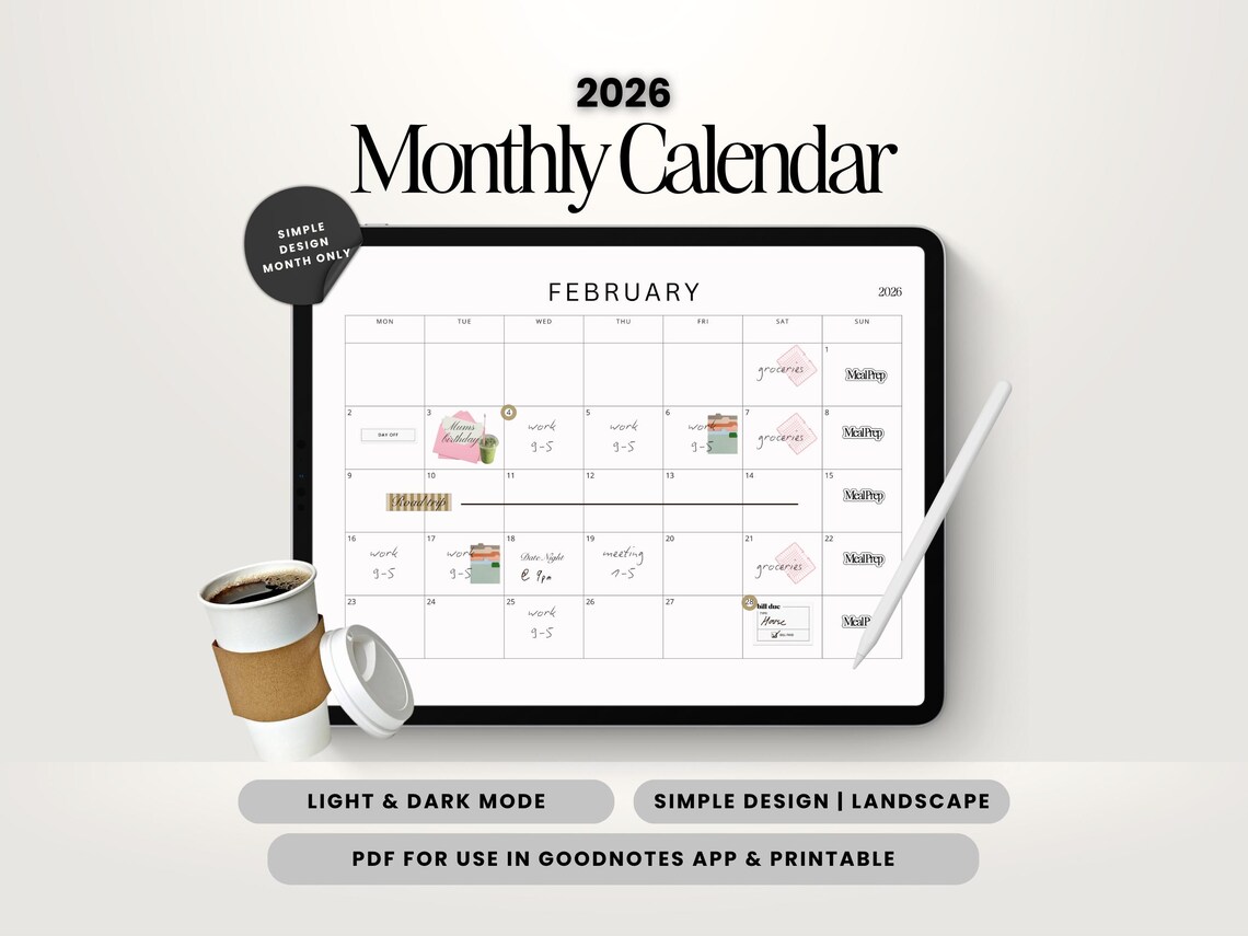 2026 Digital Monthly Calendar for Goodnotes, Notability Planner ...