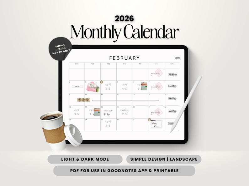 2026 Digital Monthly Calendar for Goodnotes, Notability Planner ...