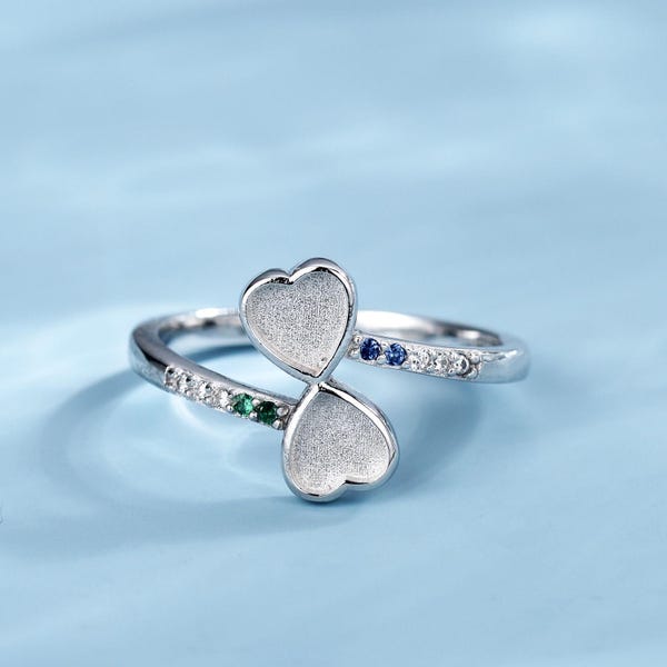 Sterling Silver Double Heart Breastmilk Ring Setting, Birthstone Keepsake