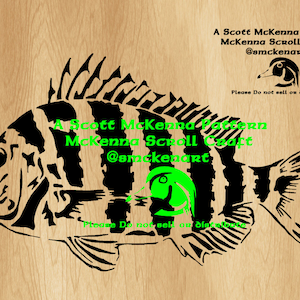 May include: Black and white fish design with striped patterns, set against a wood grain background. The image includes text: "A Scott McKenna Pattern McKenna Scroll Craft @smckenart" and "Please Do not sell or distribute."