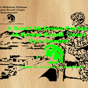 Puede incluir: Silueta en blanco y negro de un soldado de pie frente a una ciudad. El soldado lleva un casco y un uniforme de camuflaje. El texto "A Scott McKenna Pattern McKenna Scroll Craft @smckenart Please Do not sell or distribute" es visible en la imagen.
