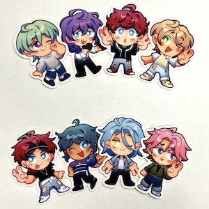 May include: Eight chibi-style stickers featuring anime-inspired characters. Each sticker shows a different character with unique hairstyles and outfits, in various poses. The stickers have a white border and are set against a white background.