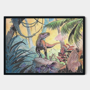 Dinosaur Illustration, Megalosaurus Artwork, Colour Pencil Landscape Drawing, Palaeontologist Gift, Paleoart, DailyDinoSketch, Pen and Ink