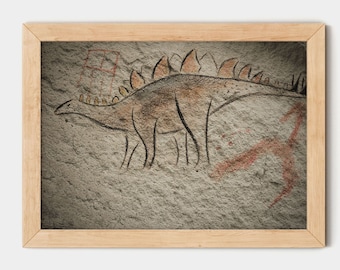 Pintura rupestre de estegosaurio, paleoarte de velociraptor, ilustración paleolítica, regalo para arqueólogos, regalo de cumpleaños para fanáticos de los dinosaurios