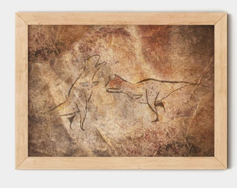 Pintura rupestre de Carnotaurus, paleoarte de Velociraptor, ilustración paleolítica, regalo para arqueólogos, regalo de cumpleaños para fanáticos de los dinosaurios.
