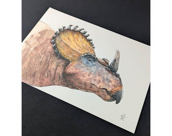 Sinoceratops watercolour and pen paleoart print. Ceratopsian dinosaur artwork. A4 Palaeontology Wall Decor