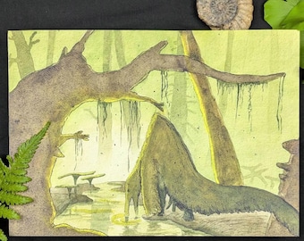 Lámina de acuarela del dinosaurio Deinocheirus, ilustración paleoartística, obra de arte para museo (A4)