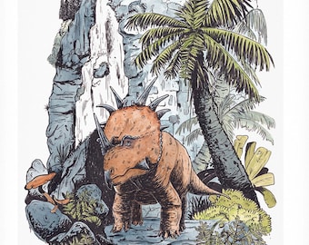 Styracosaurus Watercolour and Pen Paleoart Print. Graphic Novel Style Paleoart of a Ceratopsian Dinosaur