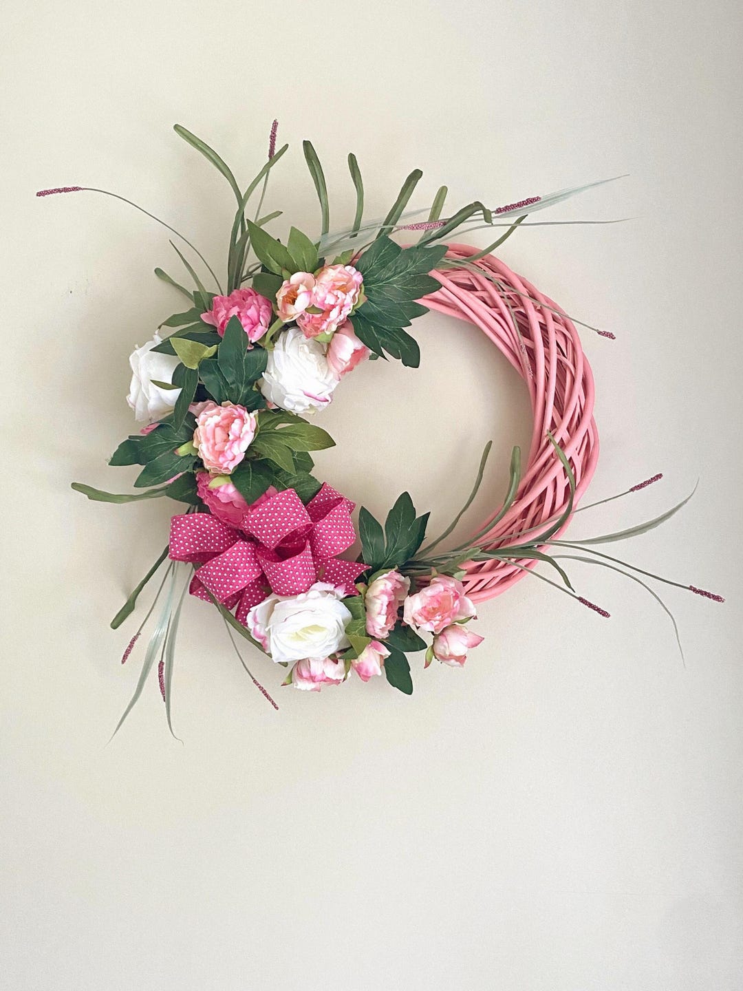 Handmade 24 Inch Large Pink and White Floral Spring Wreath With Peony ...