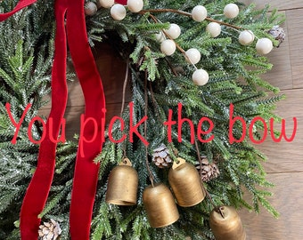 winter pine wreath with bells, berries and pinecones, christmas wreath with velvet bow, elegant winter wreath, winter wreath not christmas