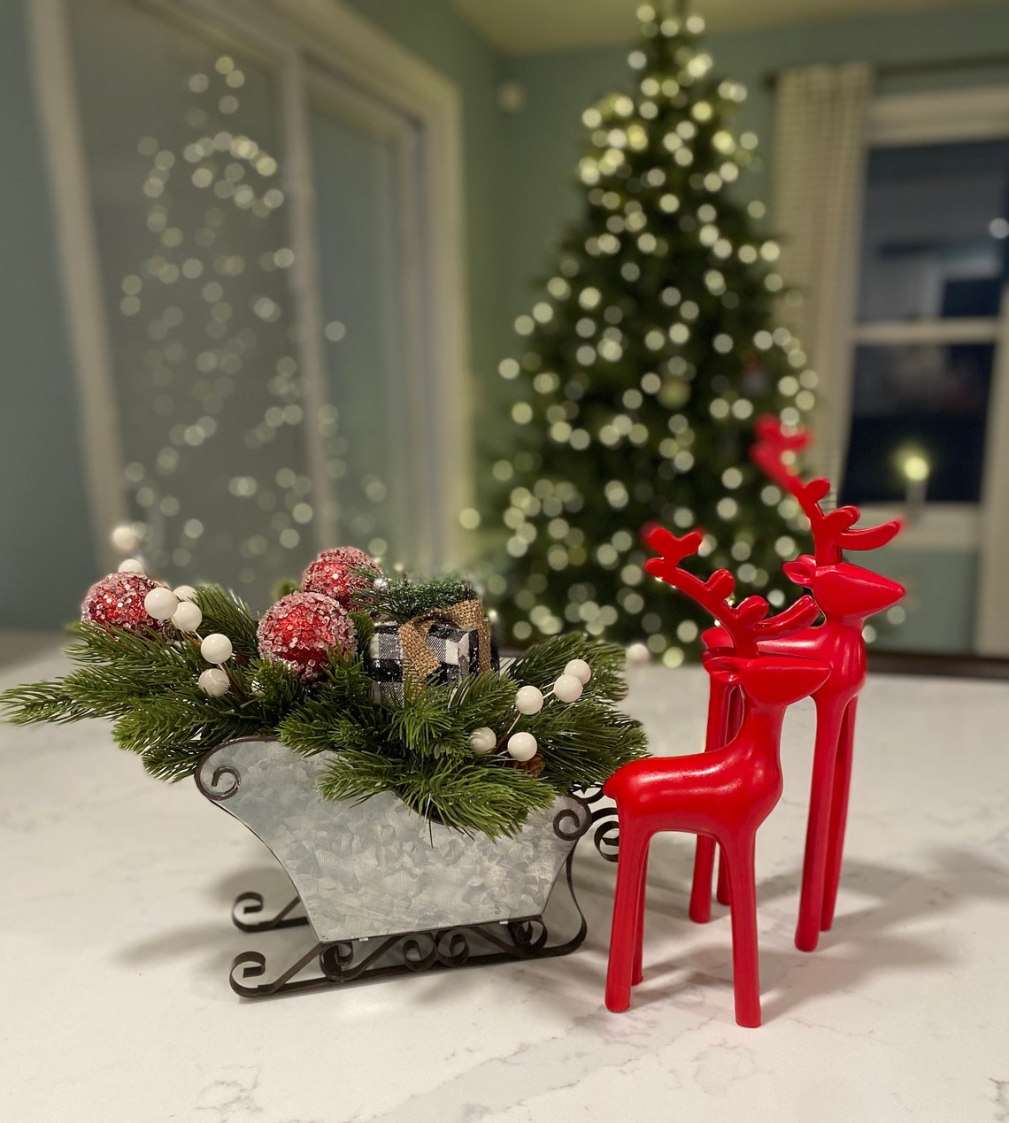 Christmas Sleigh With Greenery, Sleigh Centerpiece, Christmas Sleigh Christmas Sleigh Decor