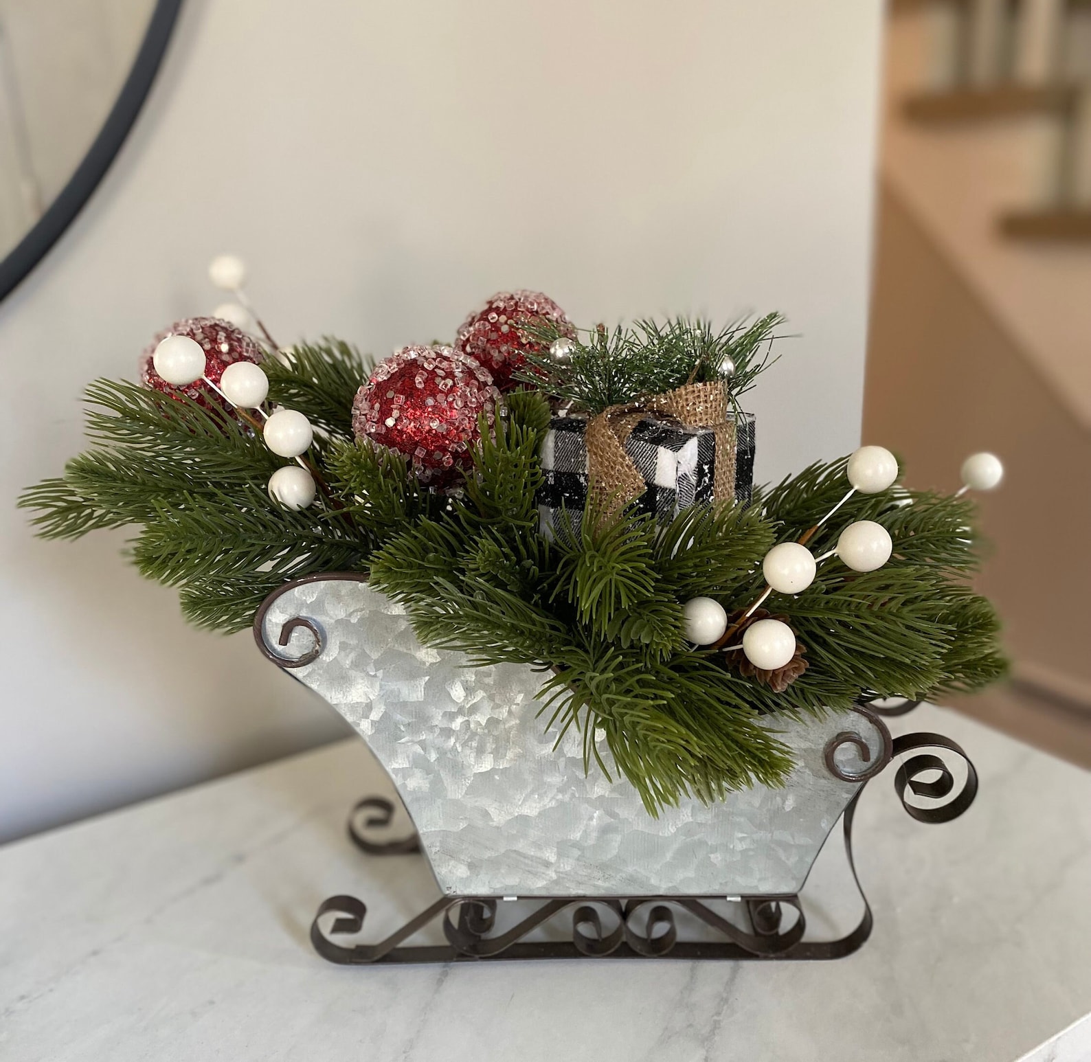 Christmas Sleigh With Greenery, Sleigh Centerpiece, Christmas Sleigh
