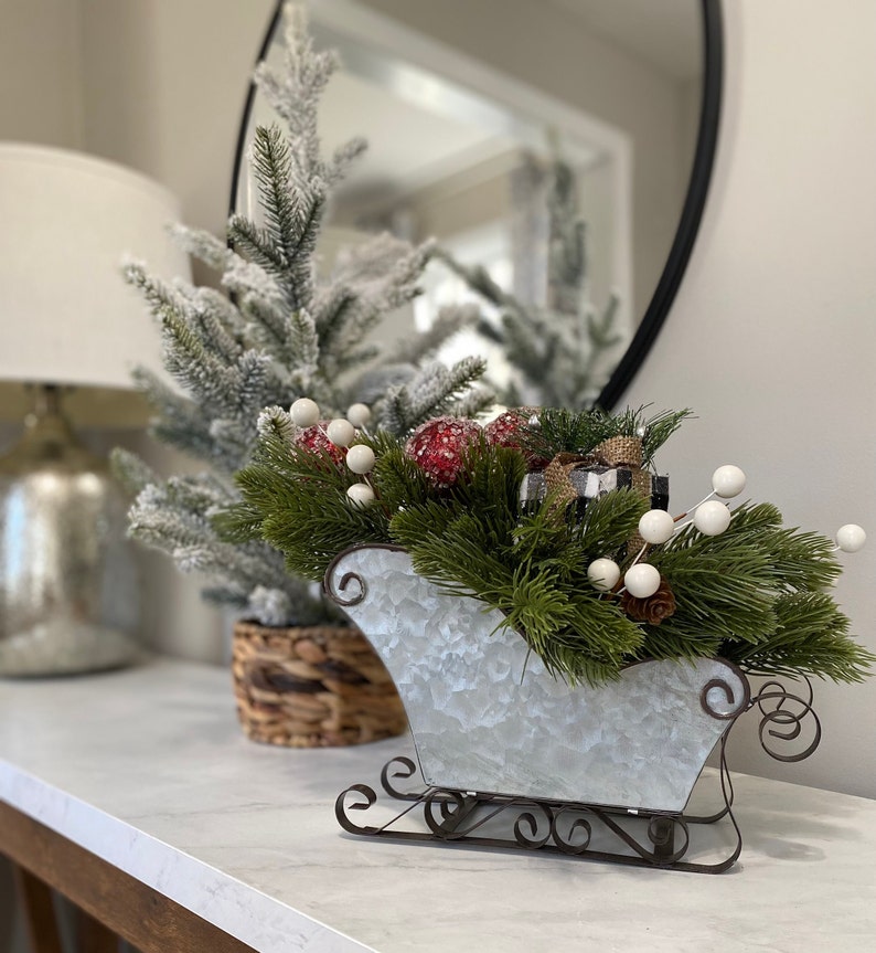 Christmas Sleigh With Greenery, Sleigh Centerpiece, Christmas Sleigh