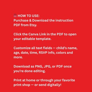 May include: A red background with white text detailing instructions on how to use a template. The steps include purchasing and downloading a PDF from Etsy, clicking a Canva link, customizing fields, and downloading as PNG, JPG, or PDF.