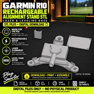 May include: A digital 3D model for a Garmin R10 rechargeable alignment stand, featuring a laser and leveling base. The set includes STL files for a mount, base, and components. This is a digital download for 3D printing, requiring additional hardware.