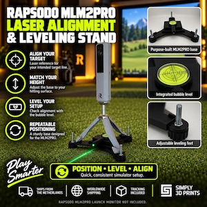 May include: A Rapsodo MLM2PRO laser alignment and leveling stand featuring a black three-legged base with adjustable leveling feet, an integrated circular bubble level, and a gray vertical mount for a launch monitor, emitting a green laser line.