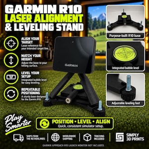 May include: A black Garmin R10 laser alignment and leveling stand featuring three adjustable metal leveling feet, an integrated circular bubble level, and a tripod-style base designed for a launch monitor, shown with text and inset detail images.