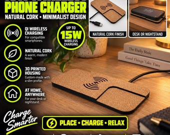 15W Wireless Phone Charger with Cork – 3D Printed Qi Charging Pad – Minimalist Desk Charger
