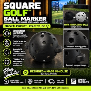 Könnte beinhalten: Ein schwarzer, kugelförmiger Golfball-Marker mit zweiteiligem Design und mehreren kreisförmigen Aussparungen für konsistente Markierungen. Das Produkt ist als Square Golf Ball Marker beschriftet und enthält Text zur Verwendung bei der Ballausrichtung.