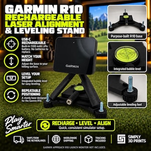May include: A black Garmin R10 rechargeable laser alignment and leveling stand featuring three adjustable leveling feet, an integrated bubble level, and a USB-C rechargeable battery. The stand is designed for repeatable positioning of a golf launch monitor.