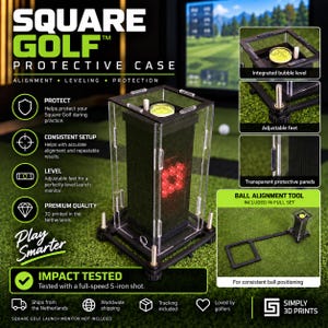 May include: A Square Golf protective case featuring transparent panels, an integrated bubble level, and adjustable feet. The black 3D-printed structure includes a ball alignment tool for consistent positioning, designed to protect launch monitors.