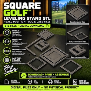 May include: Digital files for a Square Golf leveling stand, ball position tool, and case components. Includes STL files for 3D printing, designed for consistent setup and alignment. This is a digital download product; no physical items are included.