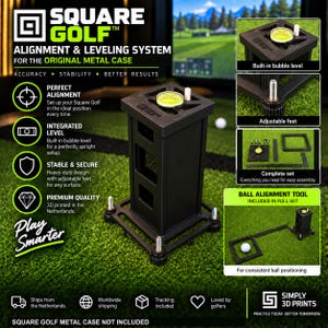 May include: A black Square Golf alignment and leveling system featuring a built-in circular bubble level on top, four adjustable metal feet, and a modular frame. The set includes components for ball alignment, designed for use with a metal case.