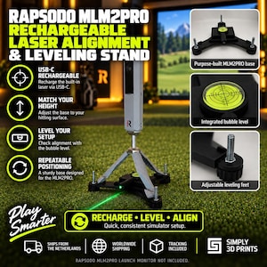 May include: A Rapsodo MLM2PRO rechargeable laser alignment and leveling stand featuring a black three-legged base with adjustable feet, an integrated bubble level, and a vertical support post. The device emits a green laser line for setup.