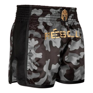 Muay Thai Shorts in Grey Camo by Resolu. Handmade Stylish and Resilient Thai Boxing Shorts