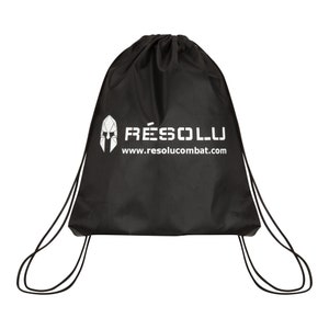 Black drawstring bag for boxing gloves. White Resolu logo printed on the centre of the bag.
