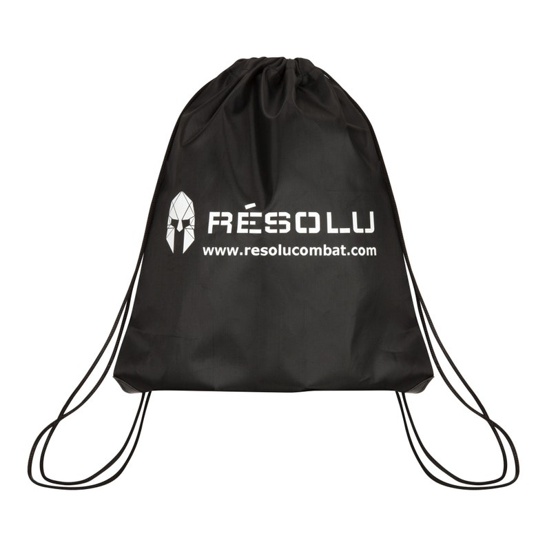Black drawstring bag for boxing gloves. White Resolu logo printed on the centre of the bag.